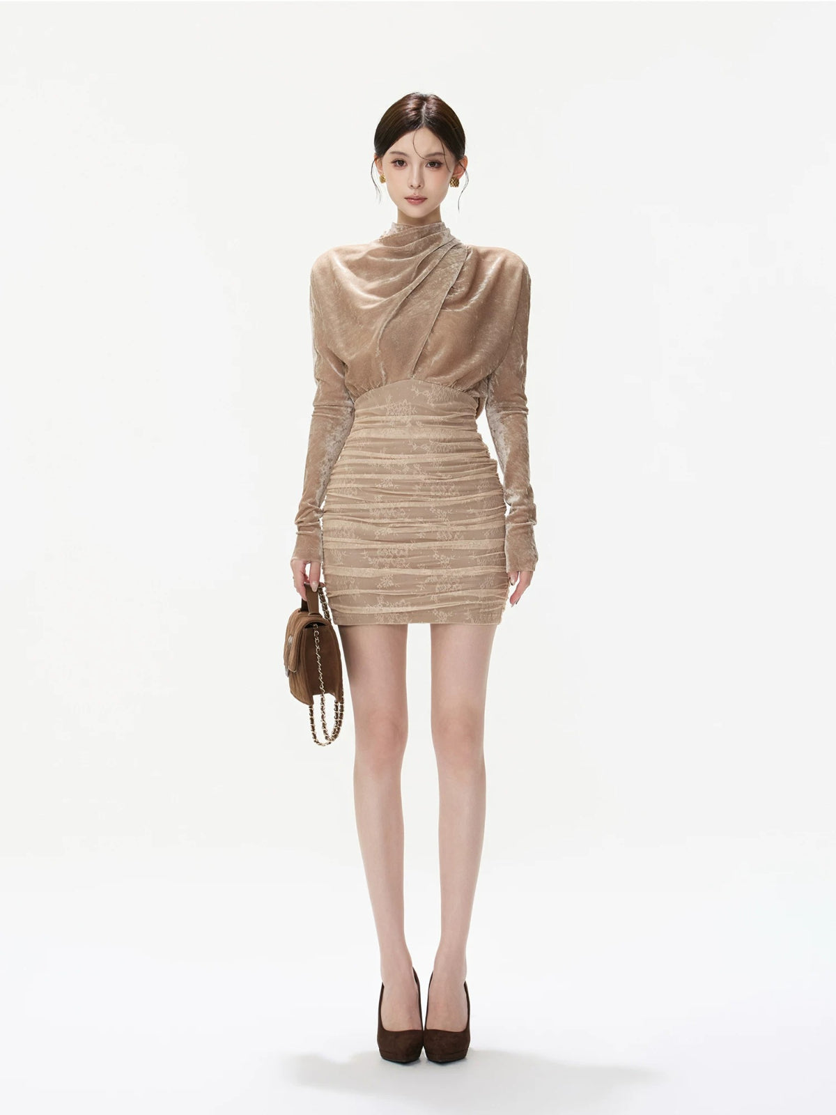Lace Cowl Neck Velvet Mini Dress