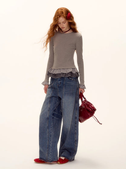 Wool Blend Tencel Plaid Knit Top