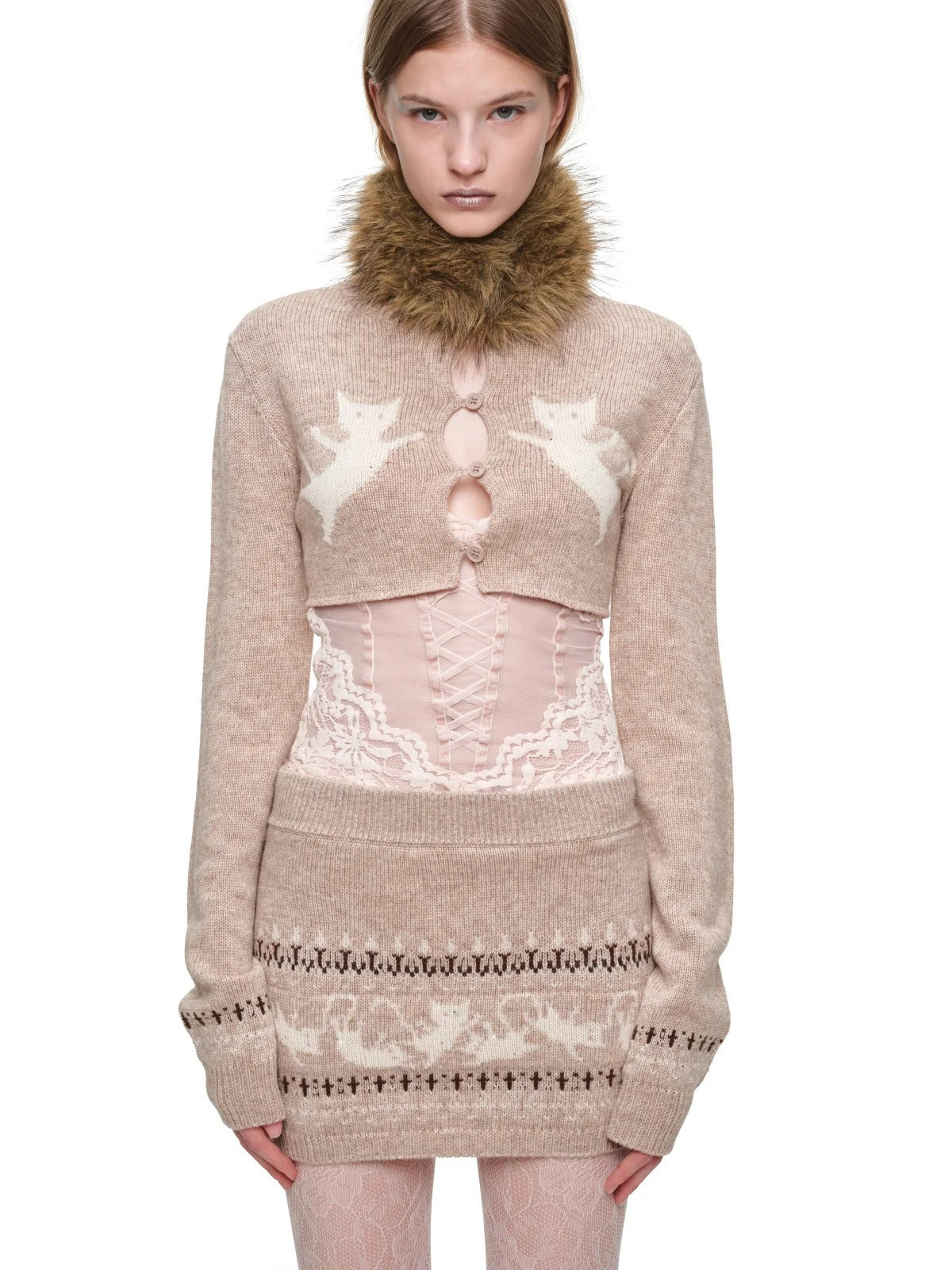 Fair Isle Jacquard Knit Cardigan &amp; Skirt Set