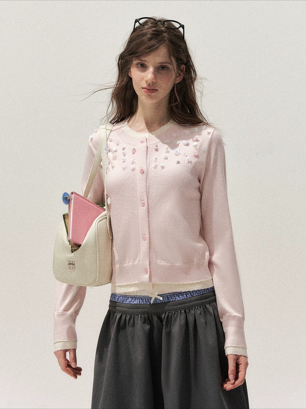 Beaded Contrast Knit Sweater