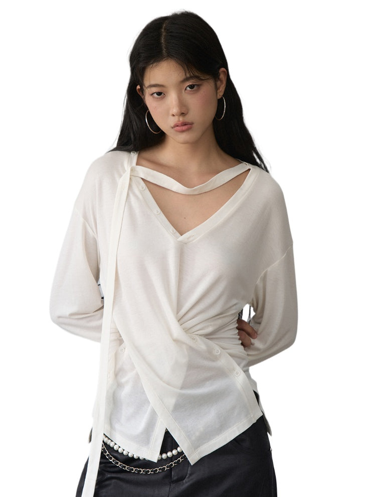V-Neck Drawstring Waist Buttoned Blouse