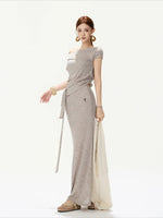 Gray Tie-Waist Knit Top & Skirt Set