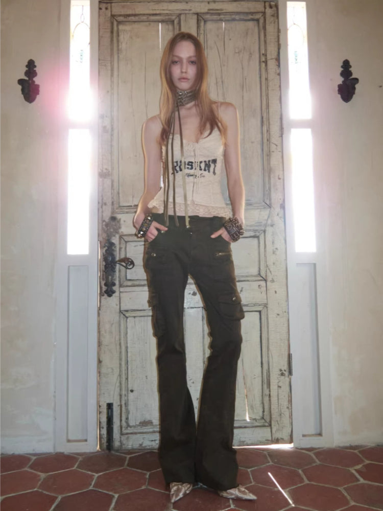 Washed Canvas Cargo Flare Pants