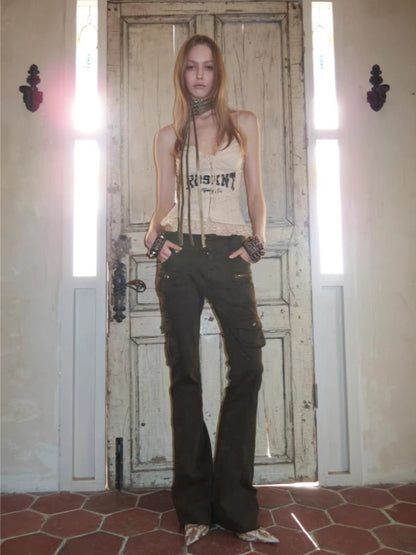 Washed Canvas Cargo Flare Pants