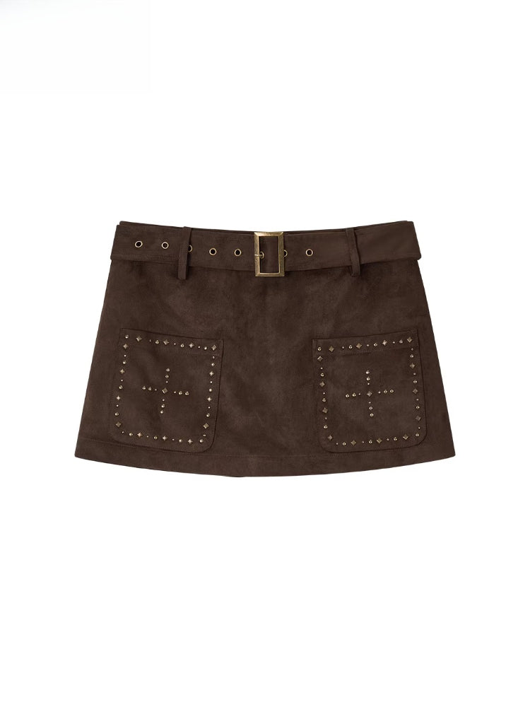 Studded Belt Faux Suede A-Line Skirt