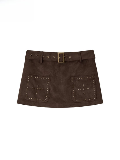 Studded Belt Faux Suede A-Line Skirt