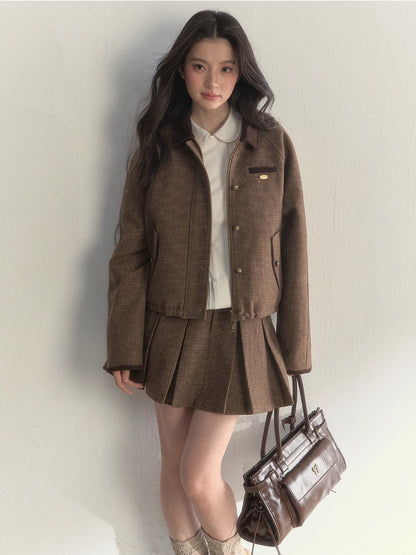 “Cerlue” Reversible Houndstooth Jacket &amp; Pleated Skirt Set