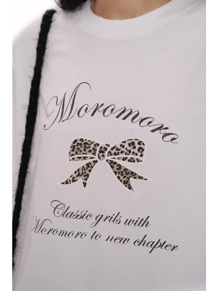 Leopard Print Butterfly Bow Embroidered T-shirt