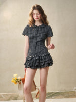 Gray Plaid Doll Collar Lace Waist Shirt & Cami Set