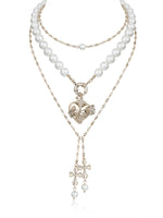 Layered Punk Heart Pearl Cross Long Necklace