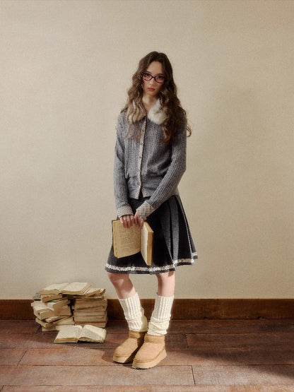 Brown &amp; Gray Wool Pleated Lace Skirt