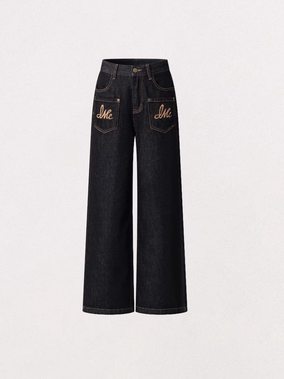 Vintage Black Denim Embroidered Wide Leg Pants
