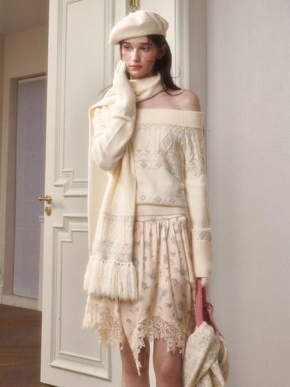 Cosagach Fair Isle Knit Crewneck &amp; Floral Skirt Set