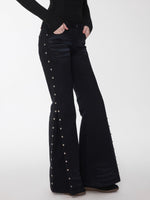 Studded Flared Denim Whisker Detailing Jeans