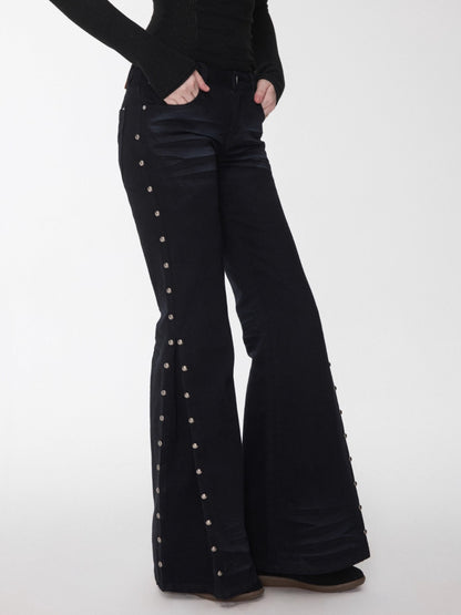 Studded Flared Denim Whisker Detailing Jeans
