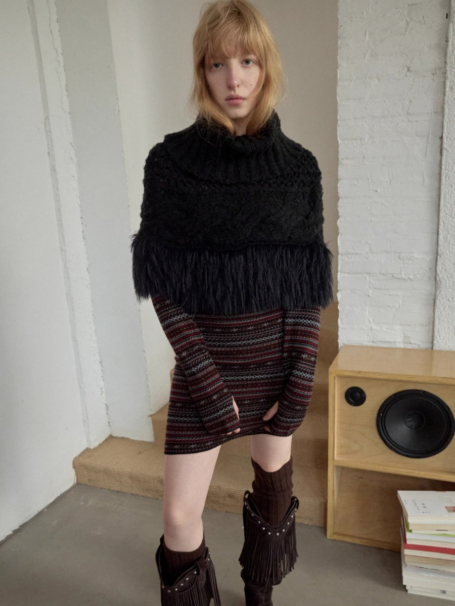 Cable Knit Fringed High-Neck Wool Blend Poncho