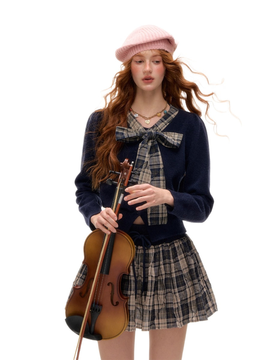 Plaid Bow-Tie Round Neck Knitted Cardigan