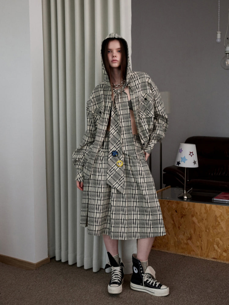 Plaid Hooded Shirt &amp; Skirt &amp; Pants Set