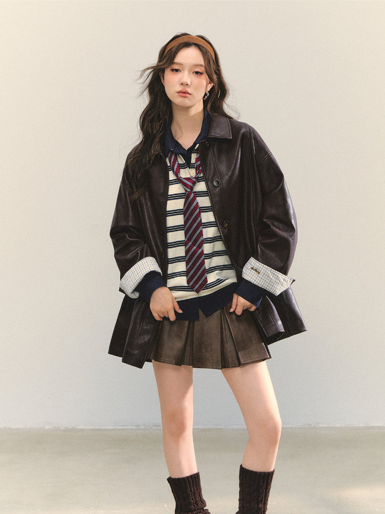 Black H-shaped Cuff Checkered Spliced Leather Jacket