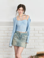 Belted Rhinestone Denim Skirt