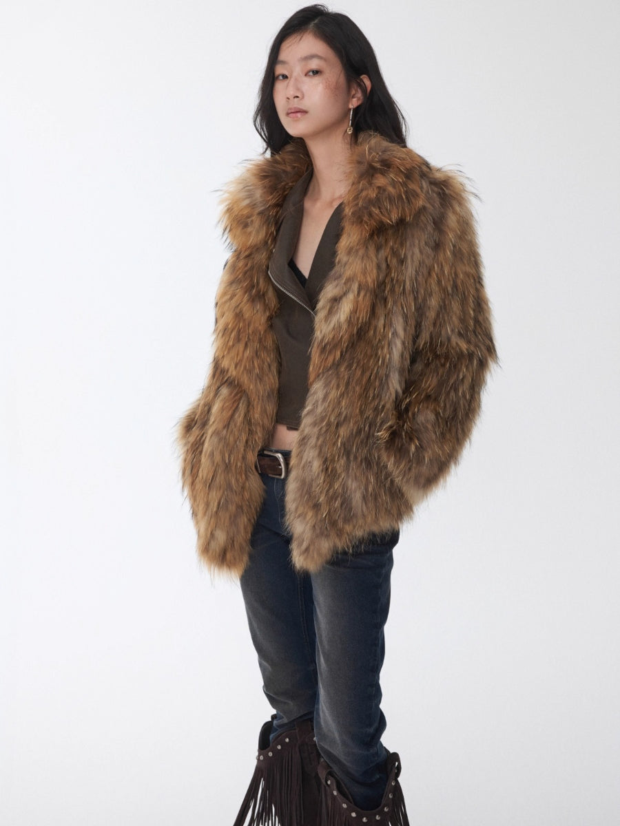 Heavycrafted Racoon Fur Knit Lapel Fur Coat