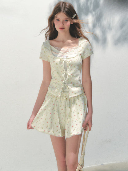 Sea Salt Flavor Printed Short-Sleeve Tie T-shirt &amp; Skirt Set