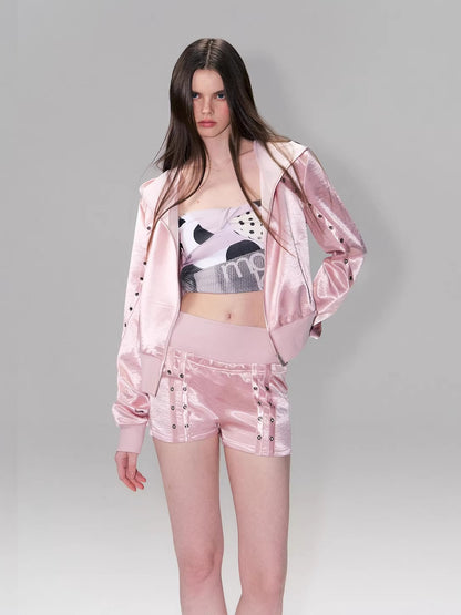 Satin Hoodie Shorts Set