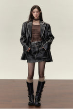 Vintage PU Leather Jacket & Skirt Two-Piece Set