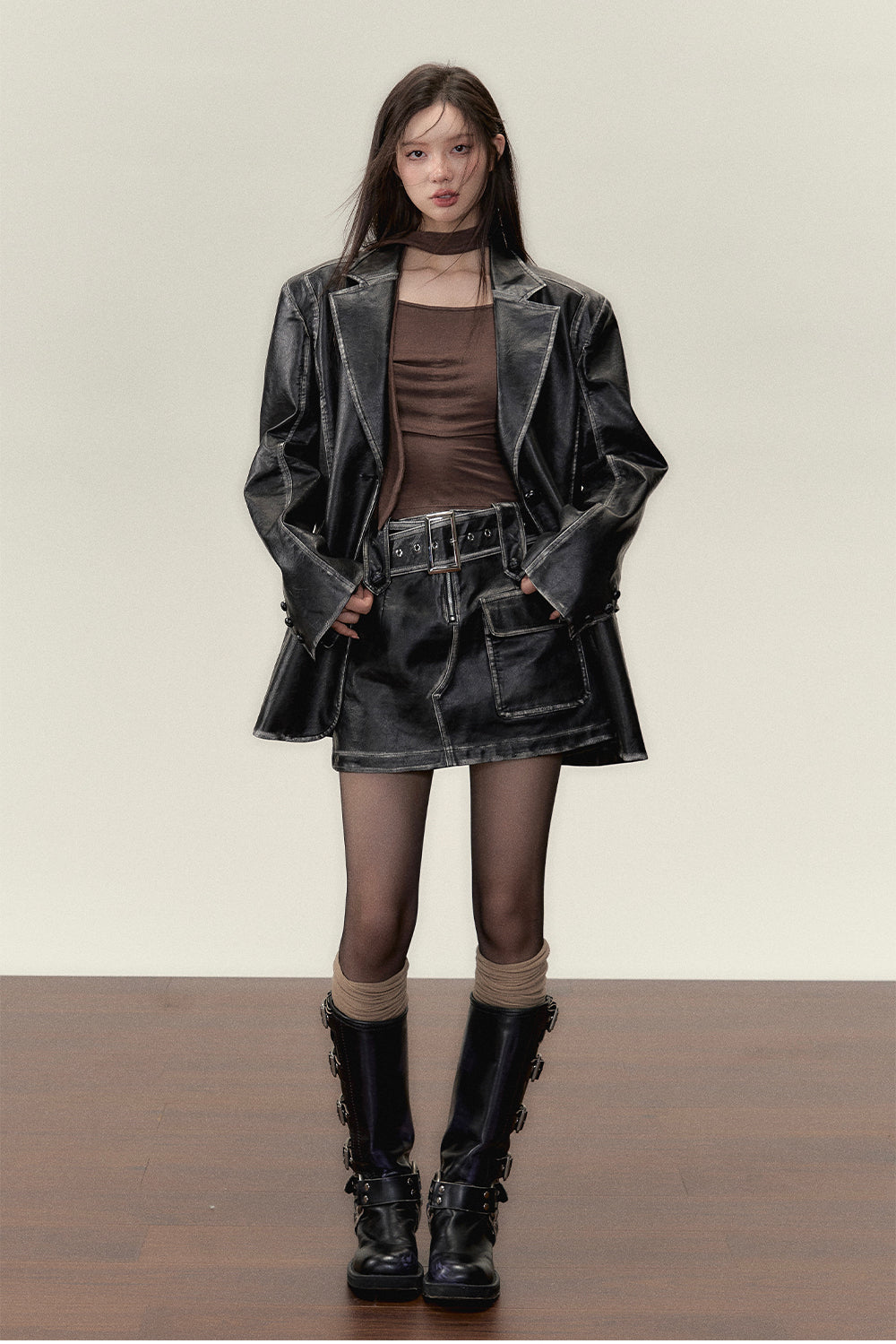 Vintage PU Leather Jacket &amp; Skirt Two-Piece Set