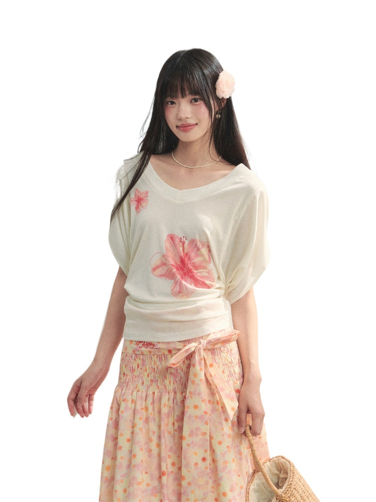 Floral V-Neck Bat-Sleeve T-Shirt