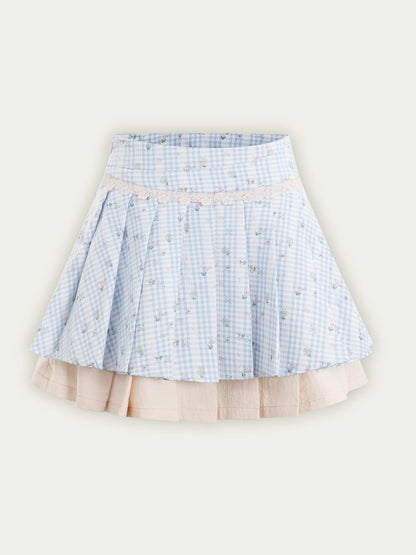 Blue Floral Contrast Check Shirt &amp; Skirt Set
