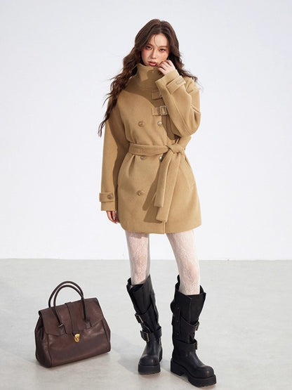 Camel Double-Breasted Wool Coat