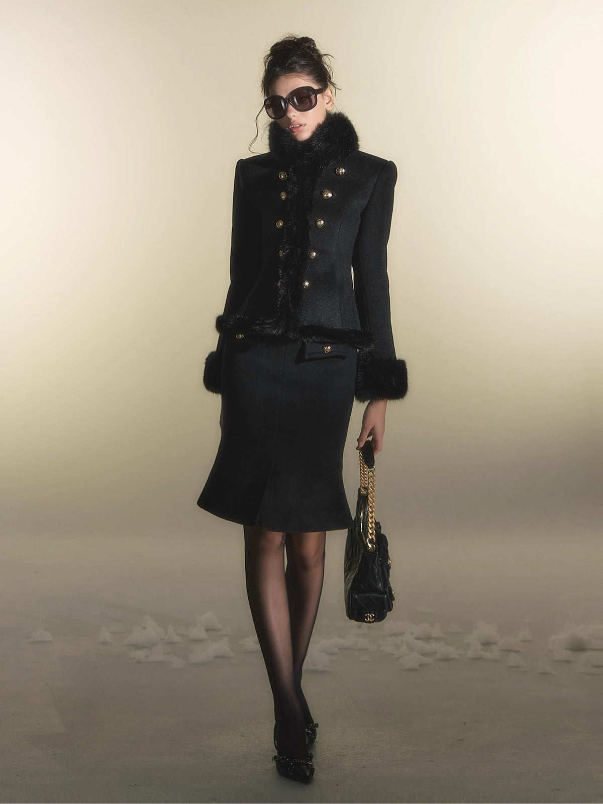 Faux Fur Double-Breasted Waist-Coated Jacket &amp; Skirt Set