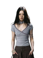 Butterfly Print Cross Neck T-Shirt