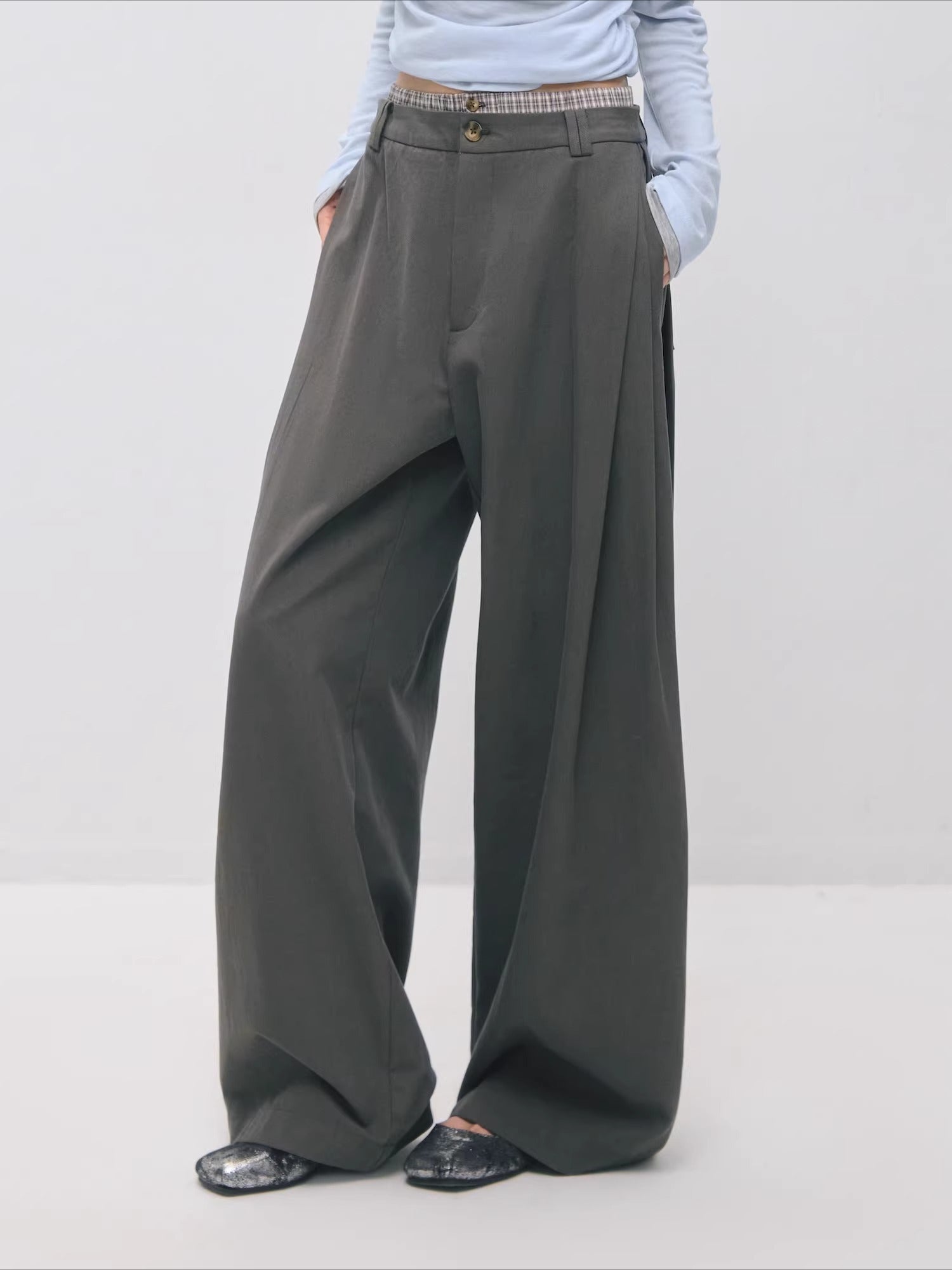 Double Waistband Pleated Wide Leg Pants