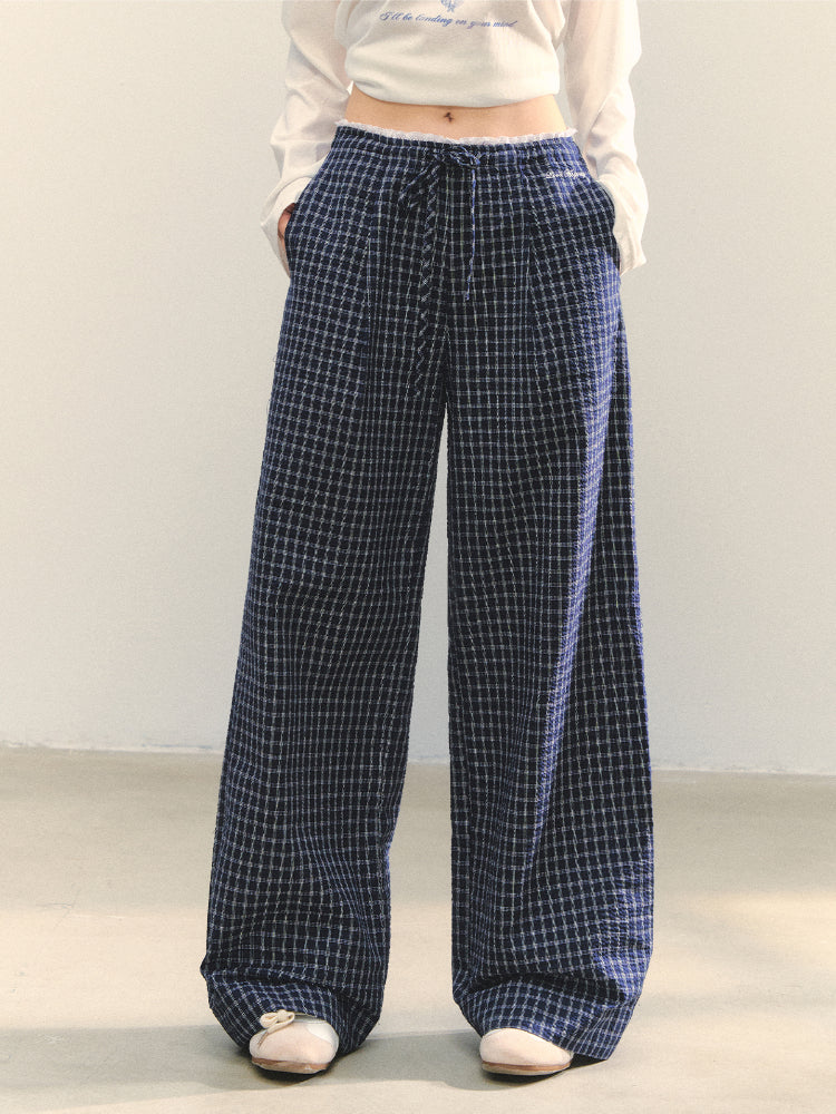 Plaid Color-block Waist Spliced Straight Pants
