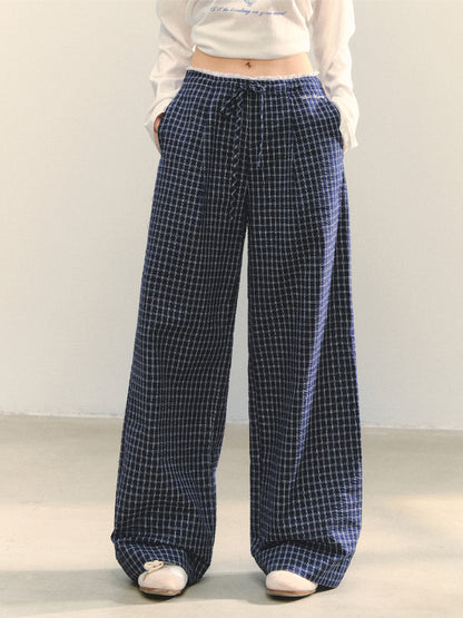Plaid Color-block Waist Spliced Straight Pants