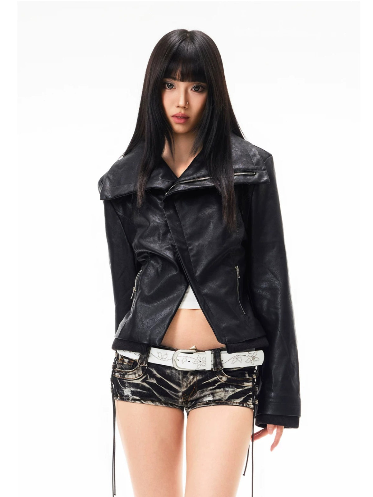 Asymmetric Lapel Leather Jacket