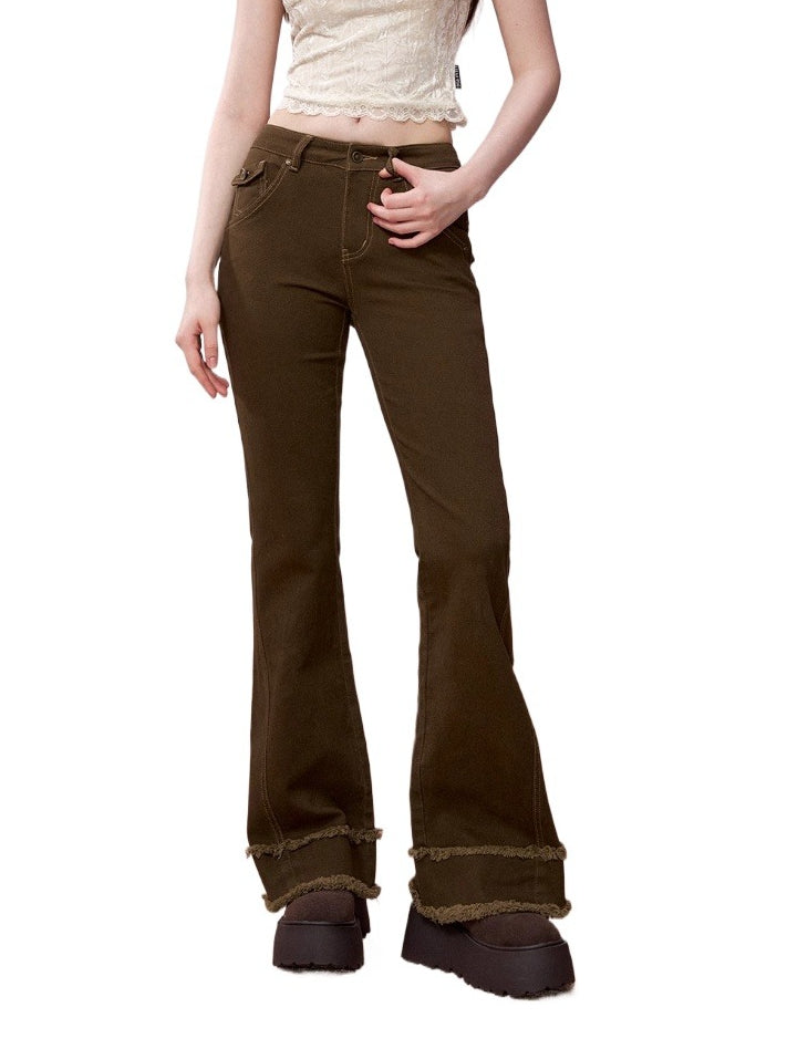 Ripped Hem Fitted Flared Denim Jeans