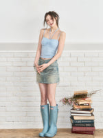 Belted Rhinestone Denim Skirt
