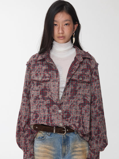 Washed Plaid Frayed-Edge Fitted Shirt