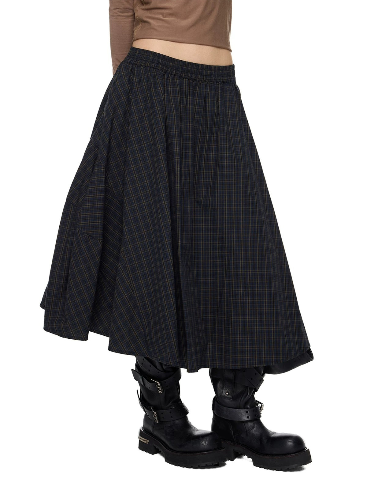 Plaid Gathered Midi Skirt