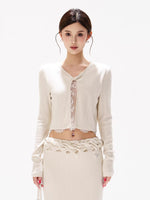 Apricot Lace Knit Blouse & Skirt Set