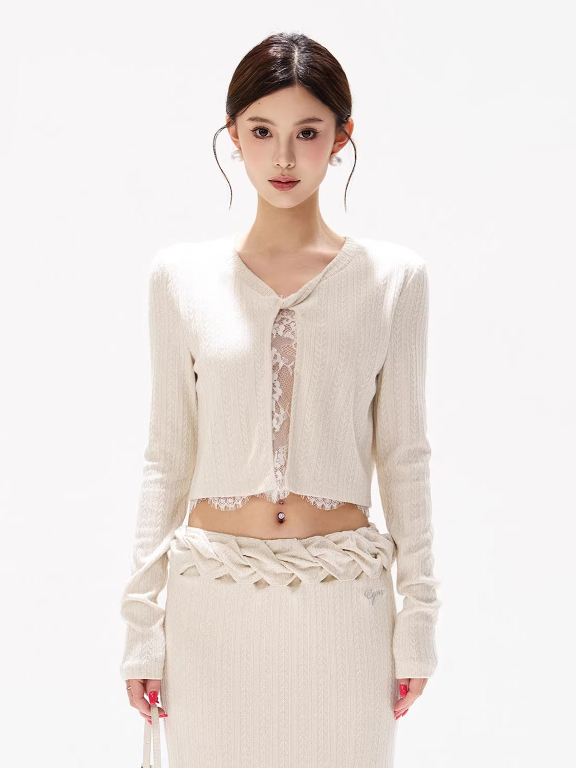 Apricot Lace Knit Blouse &amp; Skirt Set