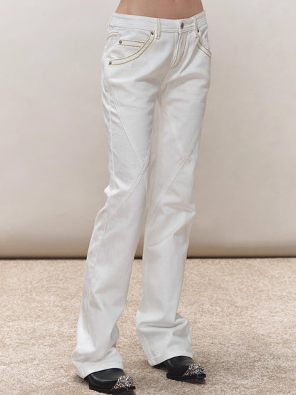 Vintage-Wash Seam-Panel White Jeans