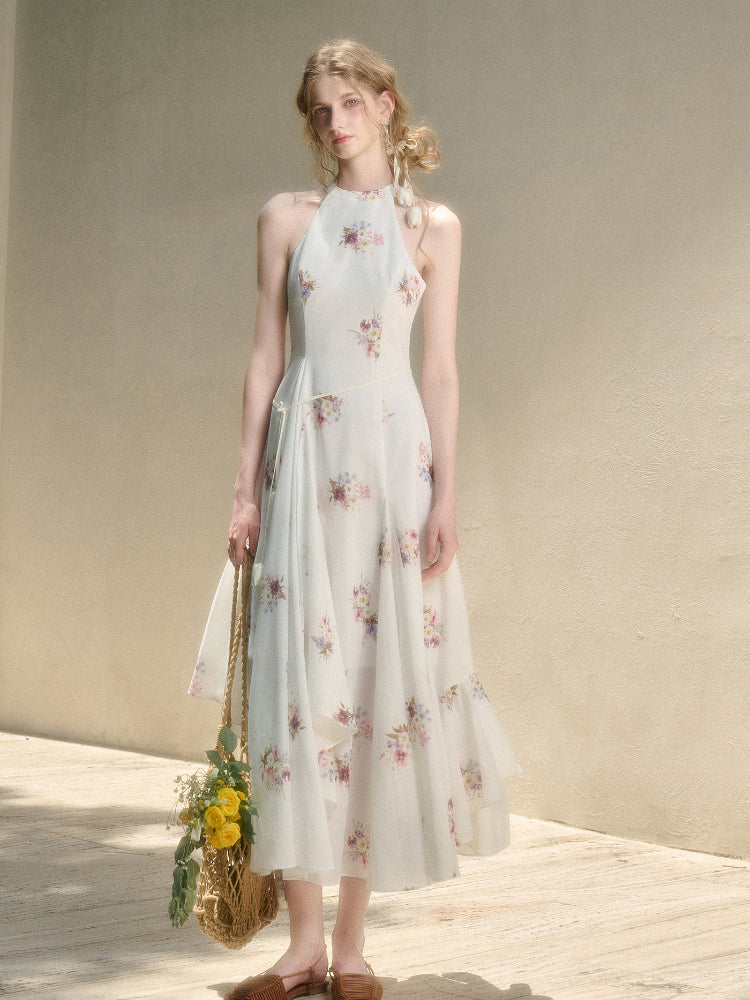 Halter Neck Printed Square Scarf Long Dress