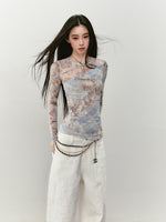 Printed Mesh Contrast-colored Long-sleeve T-shirt