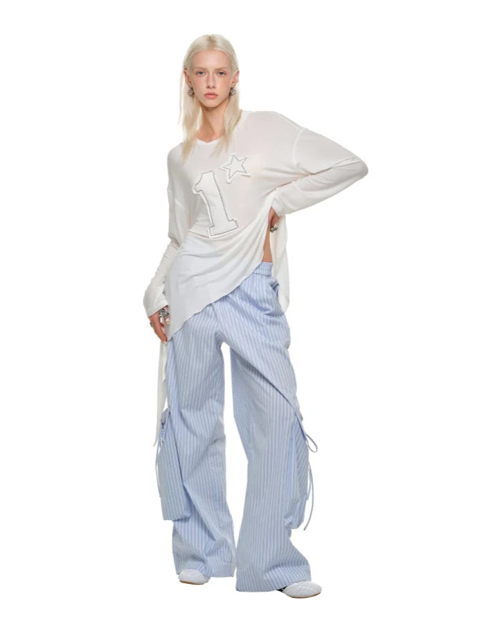 Blue & White Wide-Leg Utility Pants