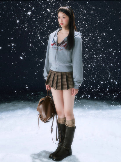 Dark Brown Retro Plaid Pleated Skirt