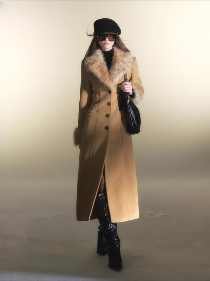 Leopard Fur Trim Fitted Wool Coat